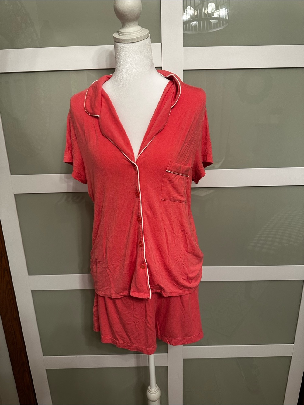 Coral Short-Sleeve Button Pajama Set with Contrast Piping